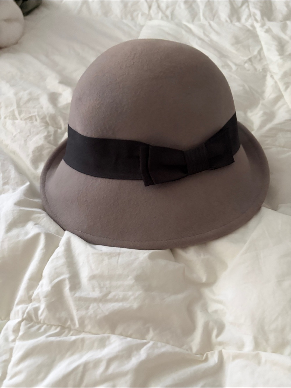 Disney Women's Taupe Felt Cloche Hat with Black Ribbon